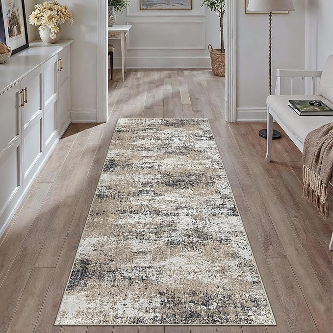 2x6 Abstract Runner Rug Brown Washable Modern Hallway Carpet Non Slip Ultra Soft Neutral Low Pile Contemporary Long Rug for Bathroom Laundry Kitchen Bedroom