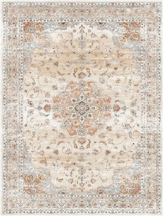 HUGEAR Machine Washable Area Rugs 8x10 Vintage Orange Large Living Room Bedroom Rug Neutral Style Non Slip Stain Resistant Low Pile Throw Carpet for Home Retro Aesthetic Modern Decor