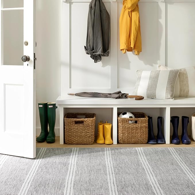 Dash & Albert Malta Blue Machine Washable Rug, 9.5 X 13.5 Feet, Grey Stripe Pattern