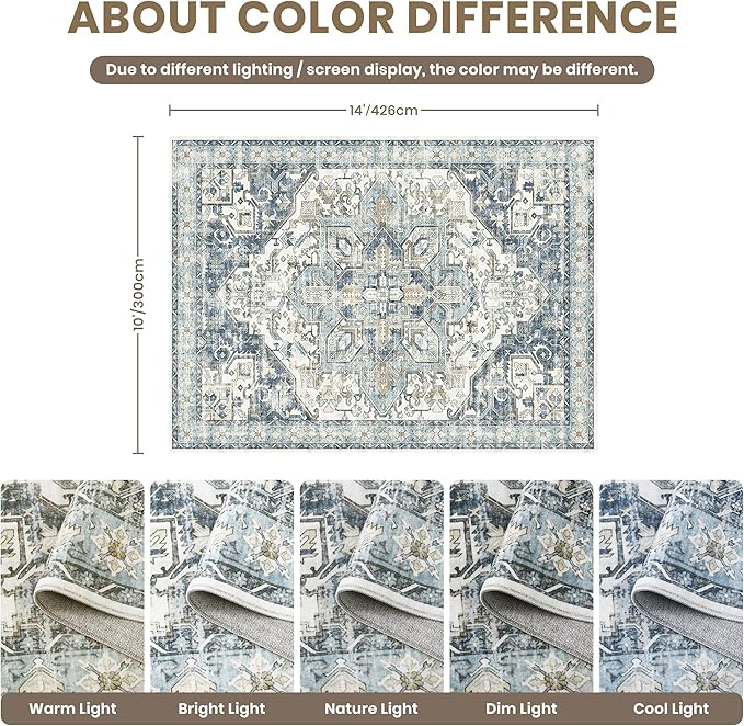 zesthome 10x14 Area Rugs-Washable Rug for Living Room, Non-Slip Backing Rugs, Stain Resistant 10x14 Rug for Bedroom, Ultra-Thin Low Pile Rugs, Vintage Large Home Decor