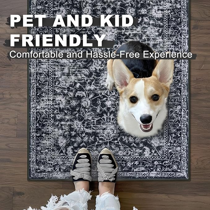KILOCOCO Washable Runner 2x6 Rug Runner Printed Vintage Floral Kitchen Runners Non-Slip Rubber Backed Runners for Hallways Distressed Thin Soft Rugs for Entryway Laundry Room, Black/Navy/White