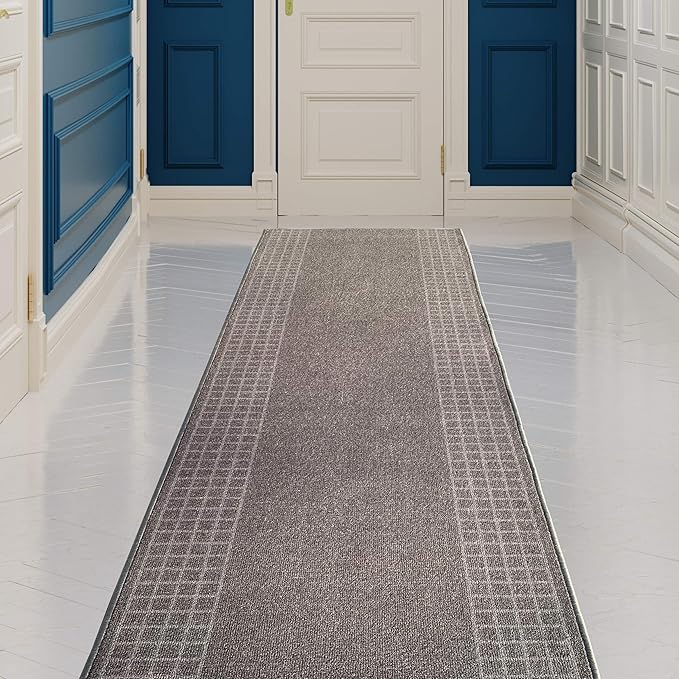 Custom Made Runner Rug for Kitchen Foyer Hallway Entry Choose Your Length 26 Inch Wide Geometric Checkered Design Grey Color (5 feet x 26 inch)