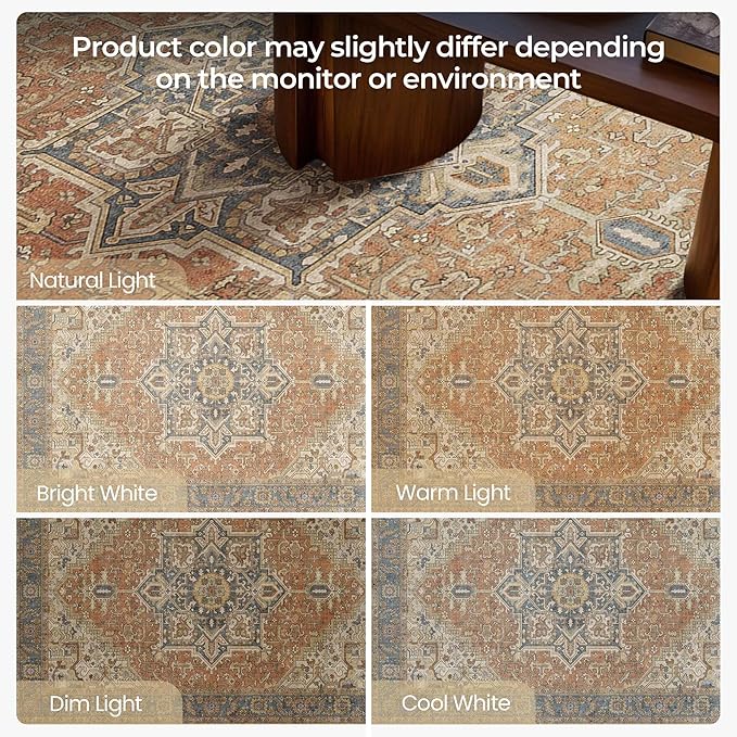 Kokia 4x6 Washable Area Rugs Terracotta with Vintage Orient Design, Soft Rug for Living Room or Bedroom, Non-Slip Low Pile Stain Resistance Features, Distressed Medallion Pattern