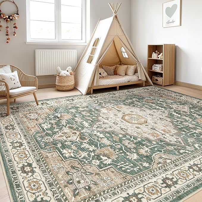 7x9 Area Rug Living Room: Machine Washable Boho Large Vintage Soft Rugs Stain Resistant Farmhouse Oriental Non Slip Indoor Floor Carpet for Bedroom Nursery Kids Playroom Office Dining Room- Green