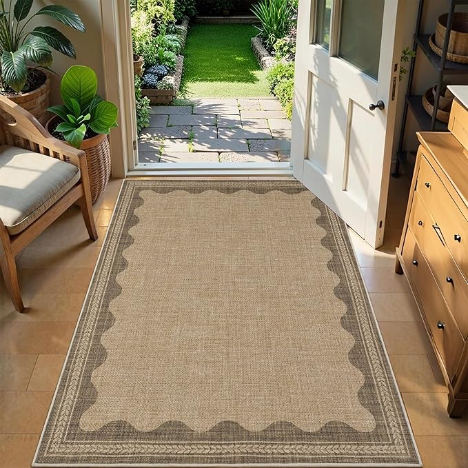 Easy Jute Rug 3x5 Outdoor Rug Scalloped Washable Rugs for Entryway Non Slip Neutral Farmhouse Indoor Outdoor Carpet for Backyard Patio Office