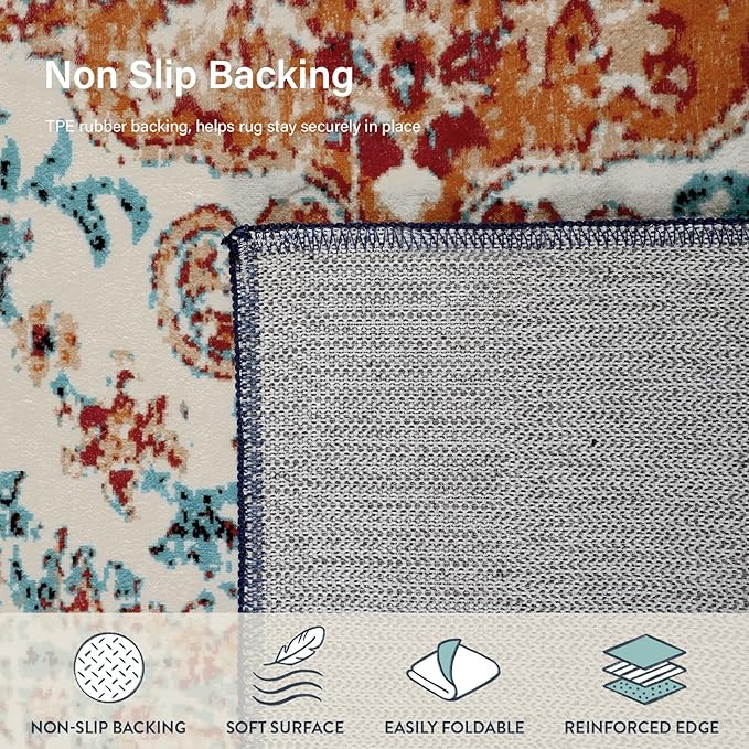 Lahome Boho Rugs for Living Room 8x10,Washable Orange Bedroom Area Rug Soft Low Pile Dining Room Rugs for Under Table,Vintage Thin Non Slip Printed Nursery Area Rug for Playroom Office(8x10ft Orange)
