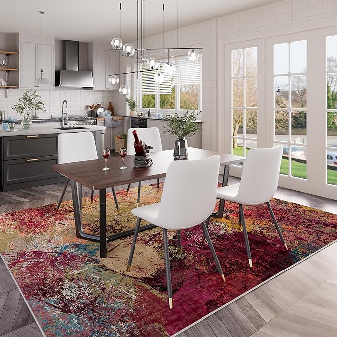 Arbosofe Modern Abstract Rug for Living Room, 5'x7' Washable Area Rug with Non-Slip Backing & Short Pile, Large Carpet with Abstract Pattern for Living Room Bedroom and Dining Floor Carpet Red Orange