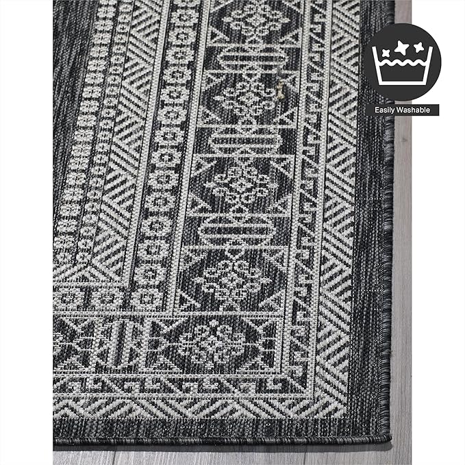 FH Home Flat Woven Outdoor Rug - Waterproof, Easy to Clean, Stain Resistant - Premium Polypropylene Yarn - Bordered Moroccan - Patio, Porch, Deck, Balcony - Accra - Charcoal - 5ft 2in x 7ft 6in