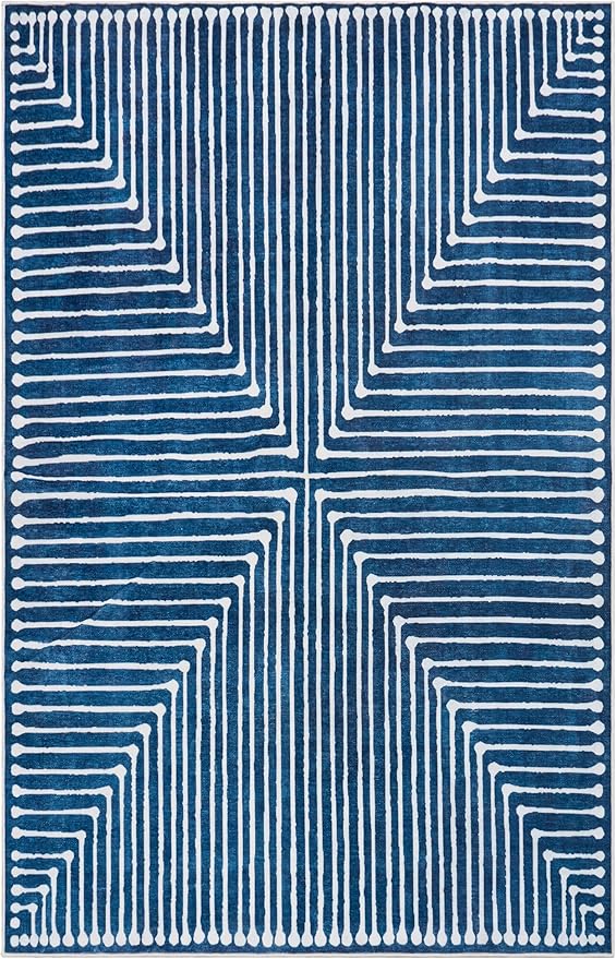 GLN Rugs Contemporary Collection - Machine Washable Area Rug, Contemporary Washable, Non Slip, Low Pile Chenille Rug, Living Room, Bedroom, Kitchen Rug (8' x 10' Lines Blue)