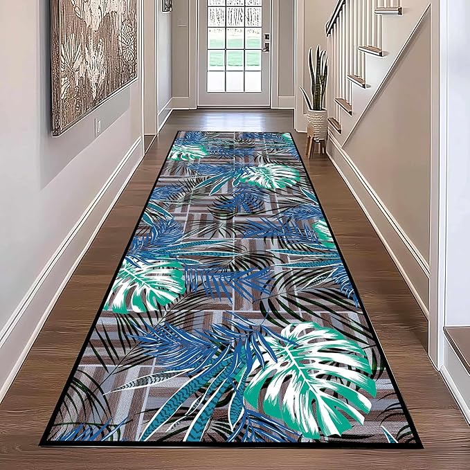 2x8 ft Runner Rug Tropical Blue - Non-Slip Low-Pile & Washable for Hallway, Living Room, Bedroom - Botanical Leaf Print Plush Soft - No Linting Easy Clean Indoor Carpet