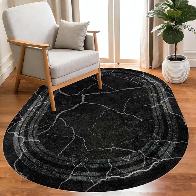 Black Grey Striped Texture Bordered Rugs 4x6 Modern Minimalist Indoor Large Area Rug for Living Room Bedroom Dining Room Soft Faux Wool Non Slip Floor Mats Entrance Bathroom Home Office Oval Carpet