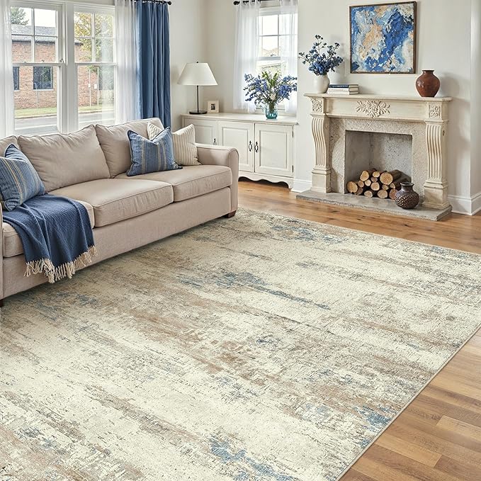 8x10 Area Rug Washable Beige Brown Abstract Living Room Carpet Non Slip Modern Neutral Soft Low Pile Contemporary Aesthetic Bedroom Large Rug Indoor Office Dining Room Playroom