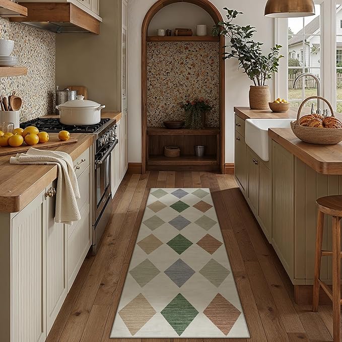 2x6 Runner Checkered Rug for Hallways Colorful Washable Long Carpet Non-Slip Low Pile Boho Indoor Accent Throw Rug for Entrance Kitchen Bedroom Dining Laundry