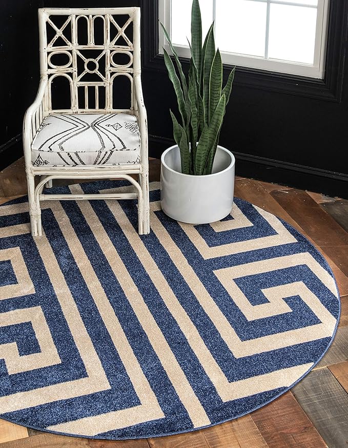 Unique Loom Athens Collection Classic Geometric Modern Border Design Area Rug (6' 0 x 6' 0 Round, Navy Blue/ Beige)