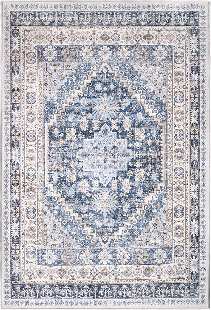 zesthome 9x12 Area Rugs,Stain Resistant Washable Rug,Ultra-Thin Rugs for Living Room,Bedroom,Non-Slip Backing Home Decor Large Area Rug (Blue/Beige,9'x12')