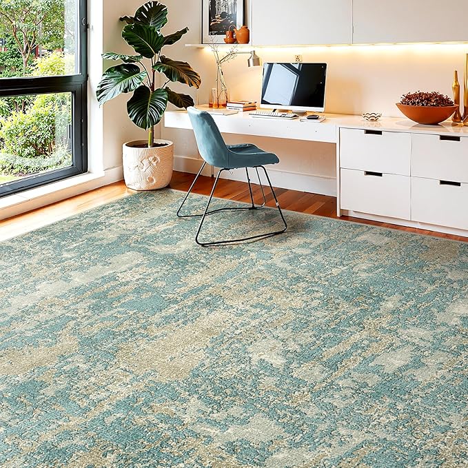 WITSHOCK Living Room Area Rugs 9x12：Modern Abstract Machine Washable Large Rug for Bedroom Dining Room Non-Slip Stain Resistant Home Office Decor,Teal Brown