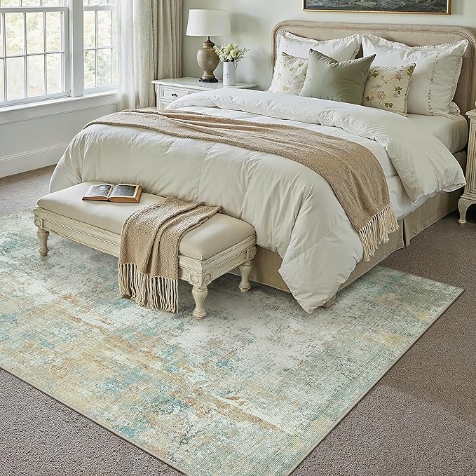 12x15 Area Rug Teal Beige Abstract Living Room Bedroom Washable Carpet Neutral Modern Non-Slip Soft Low Pile Lightweight Vacuumable Large Throw Rug for Dining Room