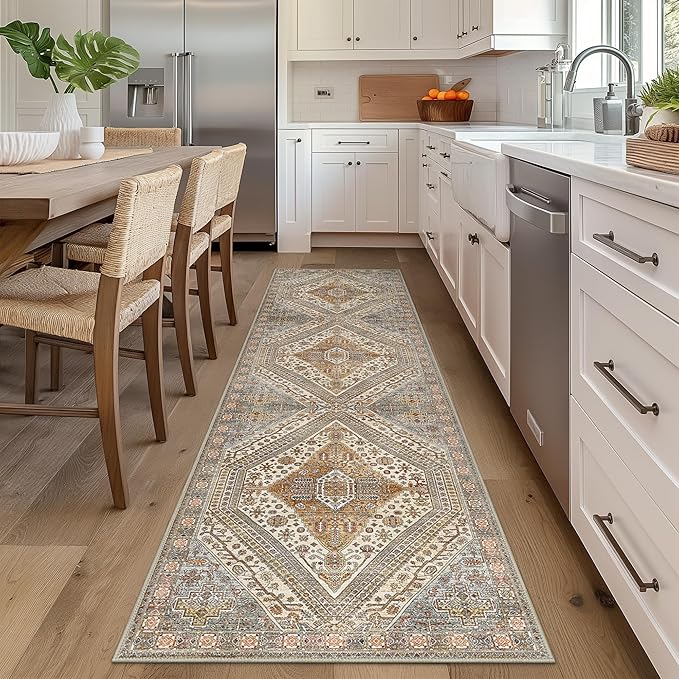 Bavni Runner Rug 2x10 Kitchen Rugs for Hallways Entryway, Washable Vintage Print Carpet, Ultra-Thin Chenille Low Pile Lightweight Rug with Non Slip Backing, Tan/Grey