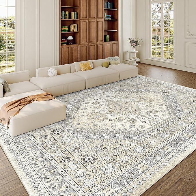 zesthome 8x10 Area Rugs for Living Room,Non-Slip Backing Washable Rugs,Vintage Large Area Rug，Stain Resistant Home Decor Rug (Beige,8'x10')