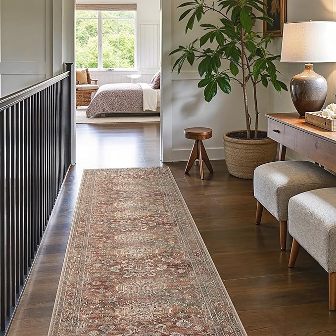 Bavni Boho Tribal Runner Rug 2'6"x7', Washable Hallway Carpet with Non-Slip Backing, Soft Low Pile Long Rug for Entryway, Kitchen, Bedroom, Living Room, Brick