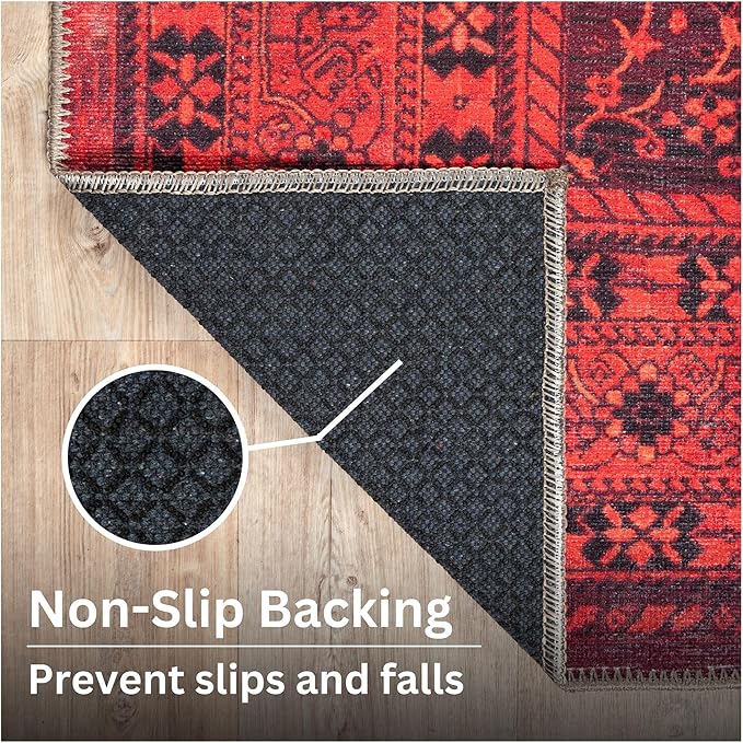 Bloom Rugs Washable Non-Slip 8' x 10' Rug - Red Traditional Bordered Area Rug for Living Room, Bedroom, Dining Room, and Kitchen - Exact Size: 8' x 10'