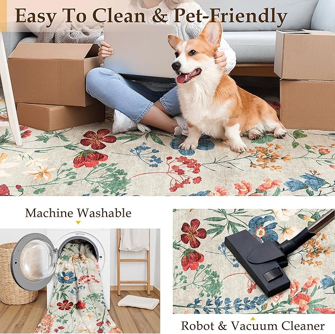 Beige Area Rug 4x6 Office Floral Indoor Door Mat Washable Boho Kitchen Living Room Carpet Non Slip Bedroom Low Pile Lightweight Throw Rug for Dining Room Farmhouse
