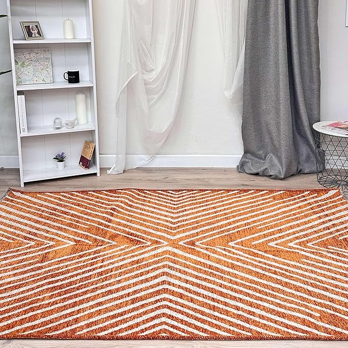 Alfa Rich 5x8 Geometric Burnt Orange Off White Washable Area Rugs for Living Room Bedroom Cotton Rug
