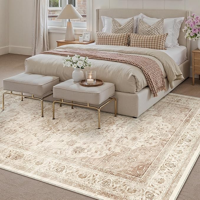 6x9 Beige Washable Vintage Area Rug for Living Room Bedroom Soft Tranditional Non Slip Large Throw Rug Lightweight Floral Low Pile Distressed Carpet Office Playroom Home Decor