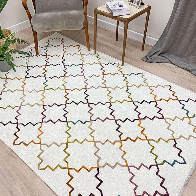 Alfa Rich 4x6 Moroccan White Washable Area Rugs for Living Room Bedroom Kitchen Decor Cotton Rug