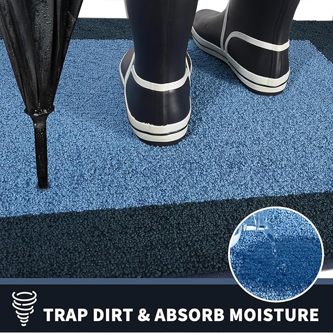 PURRUGS Dirt Trapping Door Mat 20" x 32", Non-Slip/Skid Machine Washable Entryway Rug, Shoes Scraper, Throw Rug, Super Absorbent Area Rug for Muddy Wet Shoes and Paws, Light Blue & Navy