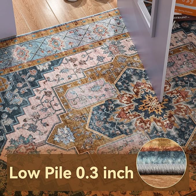 YJ.GWL Area Rugs for Living Room 6x9 Machine Washable Rugs, Non Slip Floral Vintage Rug Indoor Carpet, Stain Resistant Large Rug for Bedroom Dining Room, Brown Blue