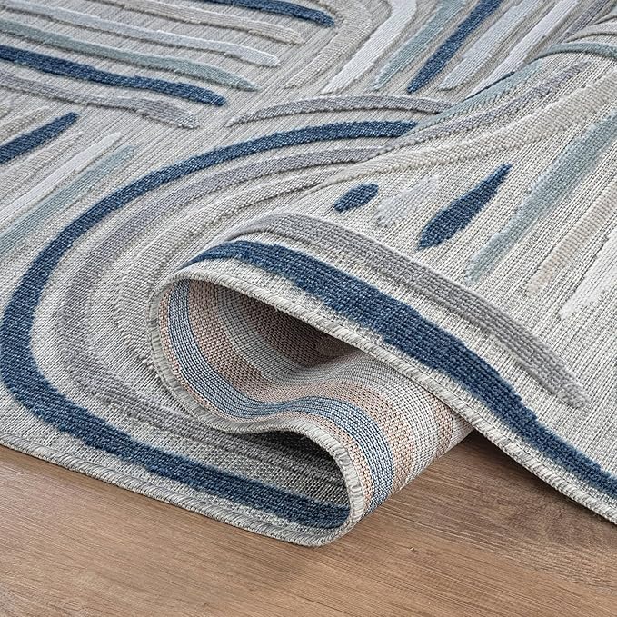 CAMILSON Indoor Outdoor Rug, Blue 10x14 Geometric Arch Striped Large Area Rugs for Patio and Home Areas, Easy-Cleaning Non-Shedding Living Room, Garden and Deck Washable Outside Carpet (10 x 14)
