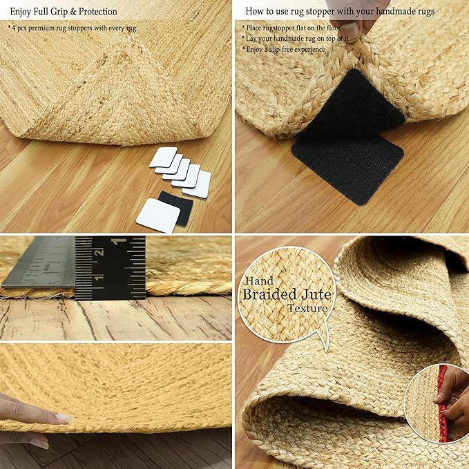 Flatweave Runner 2.6x6 Oval Kilim Jute Runner Hand Braided Jute Thick 0.27" Solid Pattern Black Beige Natural Oval Handmade Boho Indoor Outdoor Rugs for Hallway Enterway Corridor