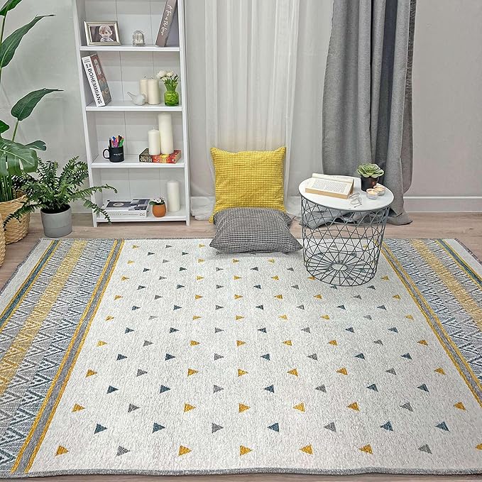 Alfa Rich 7x10 Gold Gray Off White Washable Area Rugs for Living Room Bedroom Kitchen Decor Cotton