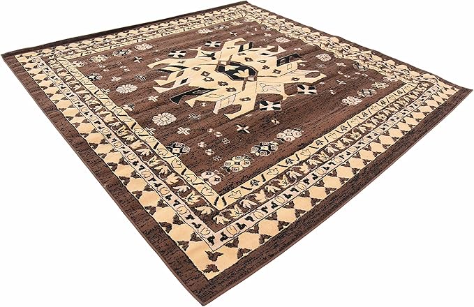 Unique Loom Taftan Collection Border Geometric Tribal Inspired Design Area Rug (8' 0 x 8' 0 Square, Brown/ Tan)