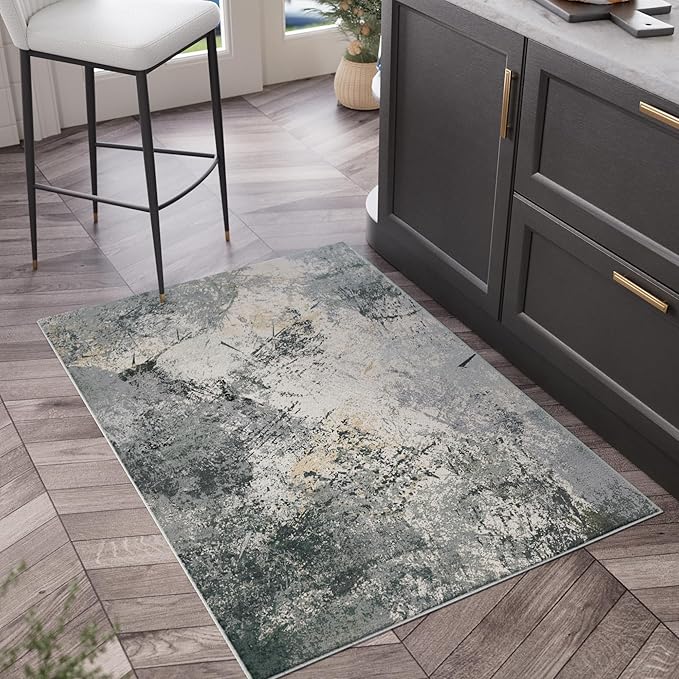 Small Rug with Abstract Pattern for Entryway Short Pile with Non-Slip Backing Throw Rugs, Foldable Kitchen Bathroom Rugs 2x3 FT Grey