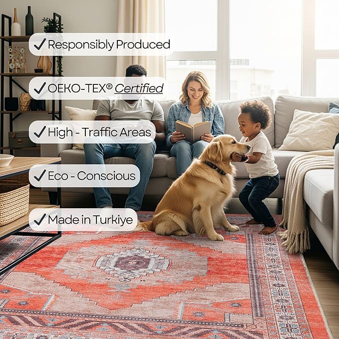 Fame Rugs Turkish Rug. Washable Vintage Oriental Antique Inspired Traditional Doormat Small Modern Area Rugs Luxury Entryway Entry Bedroom Bathroom Kitchen (380TT, 4'9 x 6'9)