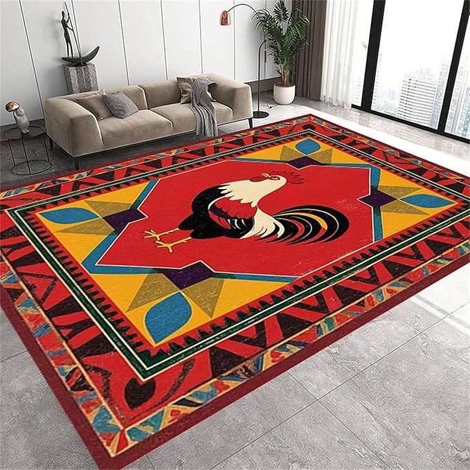 Country Rooster Rugs，6x8ft,Colorful Geometric Rooster Pattern Rug，Rooster Pattern Colorful Rug. Ethnic Vintage Design Non-Slip Washable Floor Mat for Living Room Bedroom Farmhouse Home Office