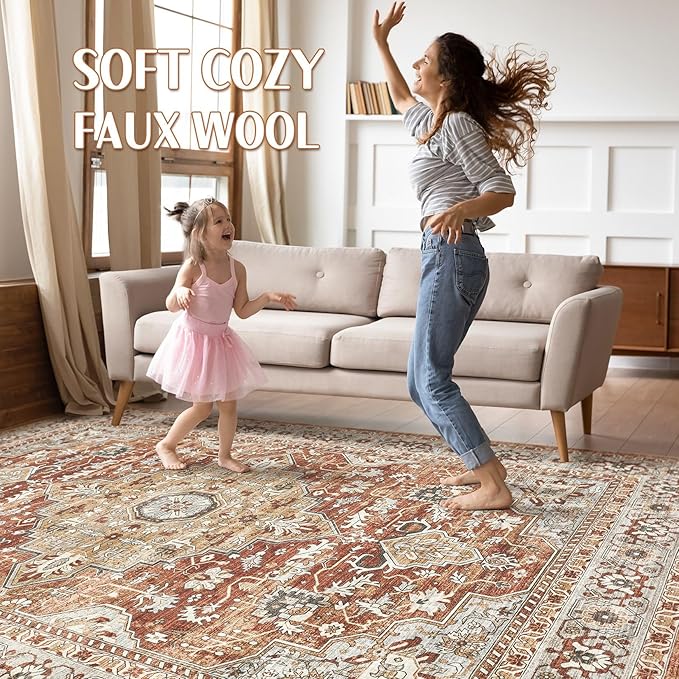 9x12 Area Rug Living Room: Machine Washable Boho Large Vintage Soft Rugs Stain Resistant Farmhouse Oriental Non Slip Indoor Floor Carpet for Bedroom Nursery Kids Playroom Office Dining Room- Red Brown