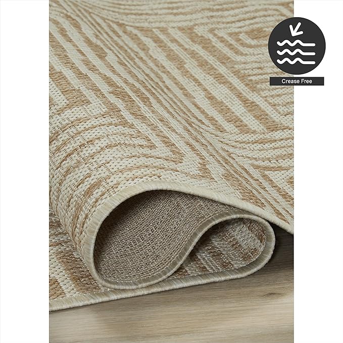 FH Home Flat Woven Outdoor Rug - Waterproof, Easy to Clean, Stain Resistant - Premium Polypropylene Yarn - Modern Geometric - Patio, Deck, Porch, Balcony - Budapest - Beige - 2ft 7in x 4ft 11in