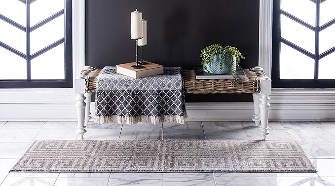 Unique Loom Athens Collection Classic Geometric Modern Border Design Area Rug (2' 7 x 10' 0 Runner, Gray/ Beige)