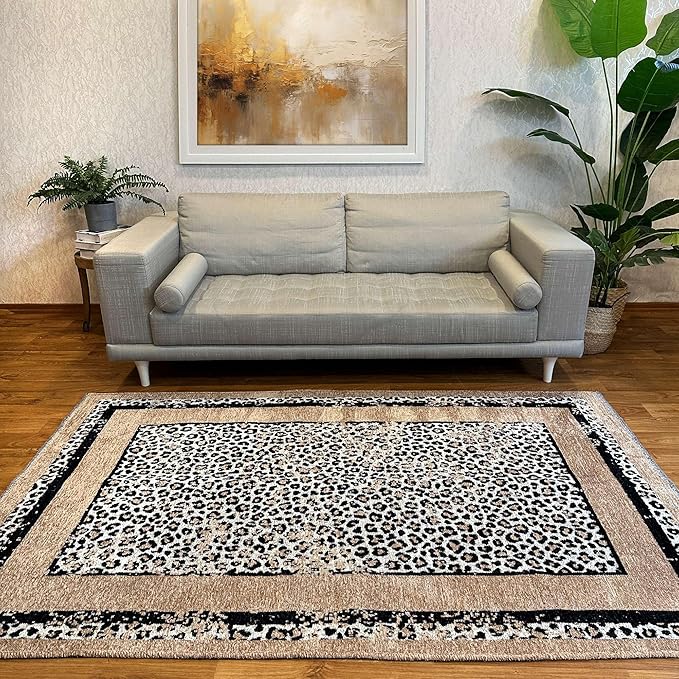 Alfa Rich 5x8 Leopard Beige Black Washable Area Rugs for Living Room Bedroom Reversible Cotton Rug