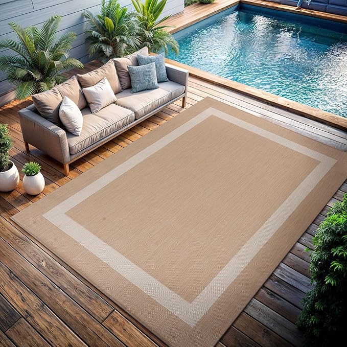 CAMILSON Outdoor Rug 8x10, Modern Outside Rugs for Patios Porches Waterproof Durable Washable Non-Shedding, Easy-to-Clean Indoor Outdoor Area Carpet (8 x 10, Bordered - Beige/White)