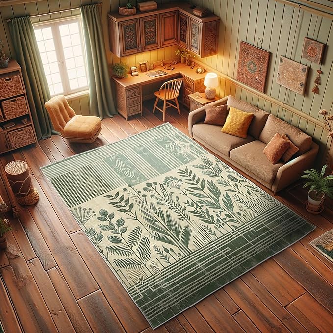 Ambesonne Leafy Design Decorative Rug, Boho Silhouettes of Jungle Leaves Grungy Stripes on Creamy Back, Quality Carpet for Bedroom Dorm and Living Room, 2' 2" x 3' 7", Laurel Green Champagne