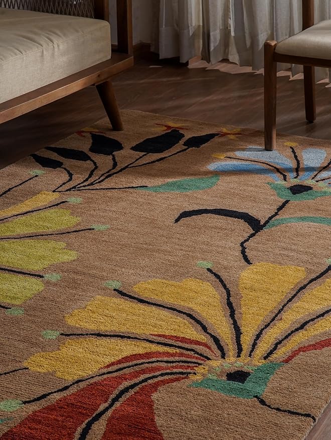 Rugsotic Carpets Hand Tufted Wool ECO-Friendly Area Rugs - 9'x12', Rectangle Shape, Camel, Floral Modern Design, High Pile Thick Handmade Anti Skid Area Rugs for Living Room, Bed Room (K00219)