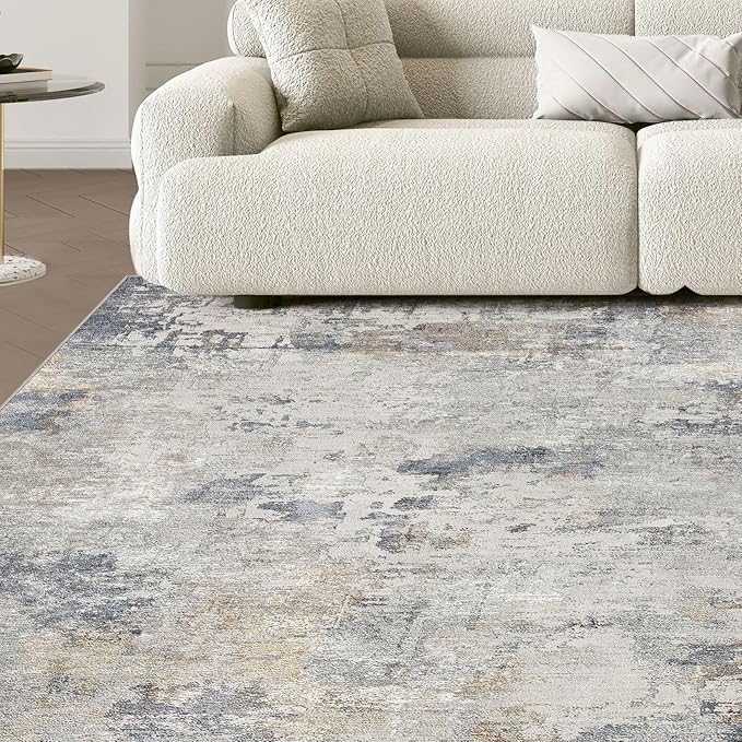 Square Area Rugs : Washable 8x8 Neutral Modern Abstract Carpet for Living Room Bedroom - Soft Floor Mat with Non Slip Backing for Kitchen Nursery Dorms Farmhouse Home Decor - Blue Grey