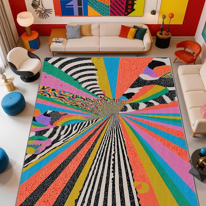 Colorful Area Rugs - Abstract Graffiti Art Rug 3x5, Hippie Aesthetic Funky Washable Lightweight Carpet Room Decor #C081