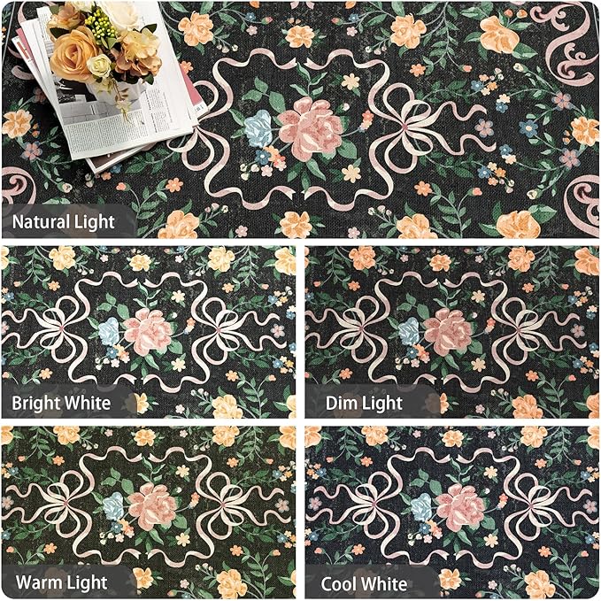 Washable Non-Slip Runner Rugs 2X6, Black Rug Boho Farmhouse Bow Floral Area Rug for Hallway Kitchen Bedroom Beside Laundry Room Bathroom Rug, Low Pile Stain Resistant Soft Floor Carpet