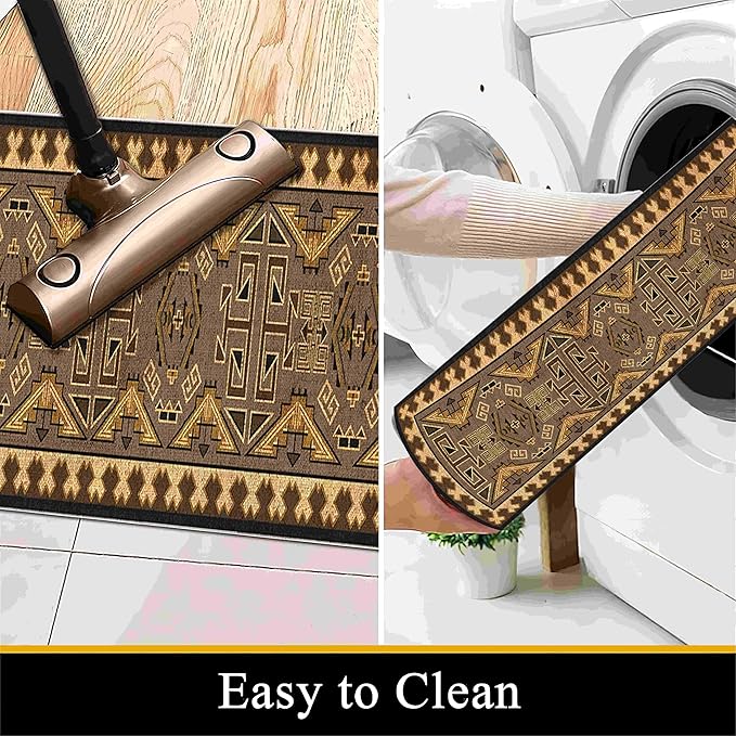 Brown Geometric Runner Rug, 1.3x7ft Hallway Runner Washable Rug, Corridor & Foyer High-Traffic Rugs, Indoor Durable Non-Slip Mat, Vintage Southwestern Decorative Home Carpet