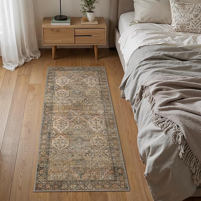 Bavni Kitchen Rug 2x8 Runner Rugs for Hallways Entryway, Washable Vintage Print Carpet, Ultra-Thin Chenille Low Pile Lightweight Rug with Non Slip Backing, Warm Taupe